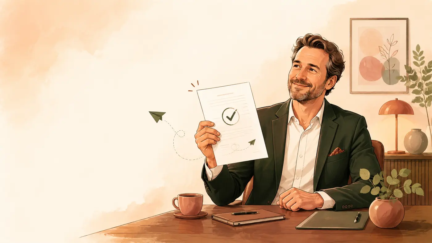 Unternehmer mit erfolgreich ausgefülltem Investor Fact Sheet