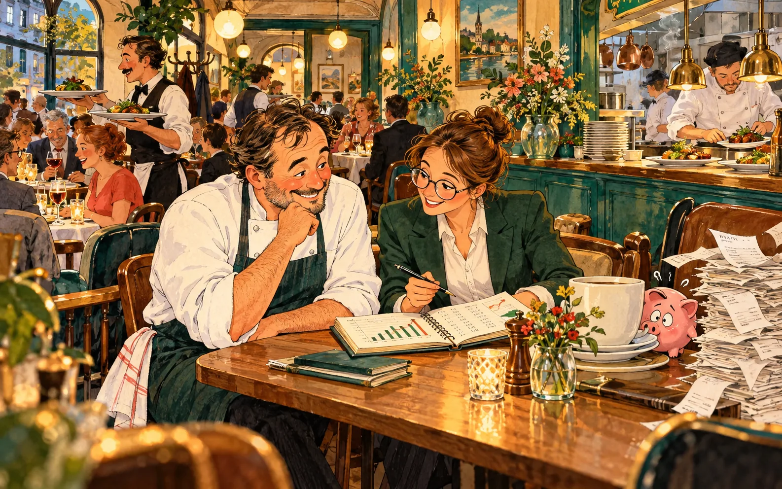 Restaurantinhaber und Finanzierungsberaterin prüfen gemeinsam die Zahlen eines gut besuchten Restaurants