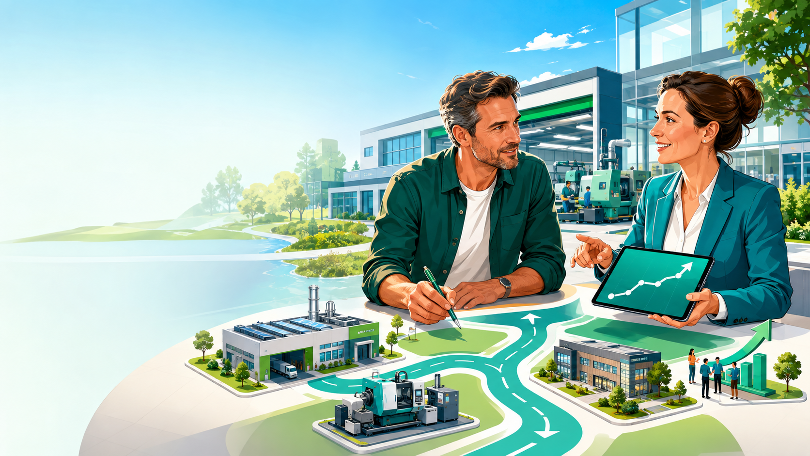 Unternehmer und Finanzierungsberaterin planen Investitionen und Wachstum