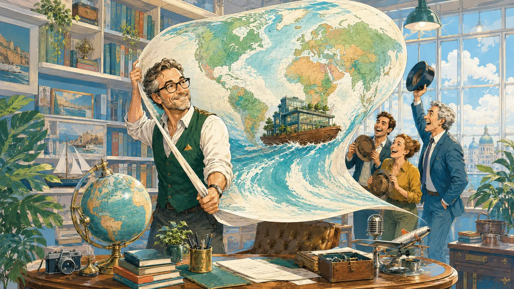 Unternehmer entfaltet eine riesige Weltkarte für das internationale Geschäft