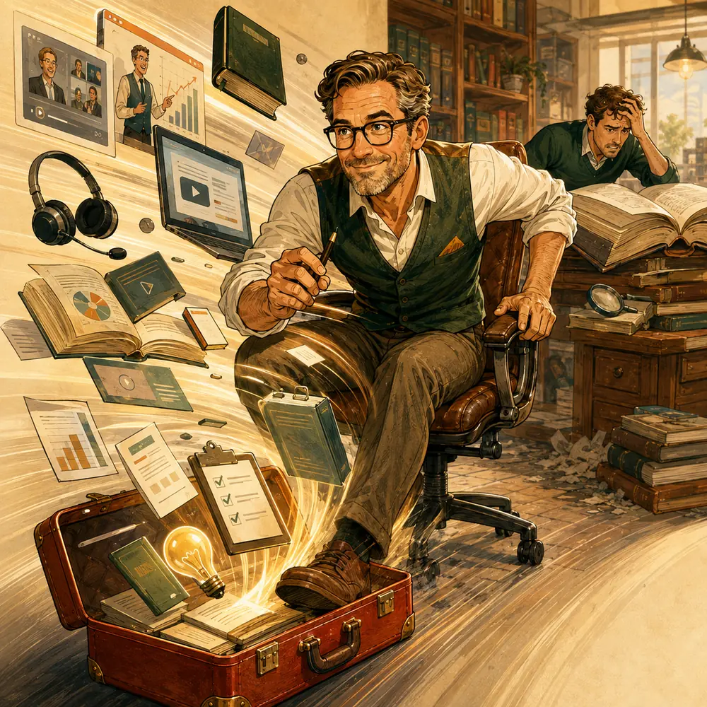 Unternehmer fährt auf einem Bürostuhl schnell durch eine Welt aus Büchern und Lernmedien