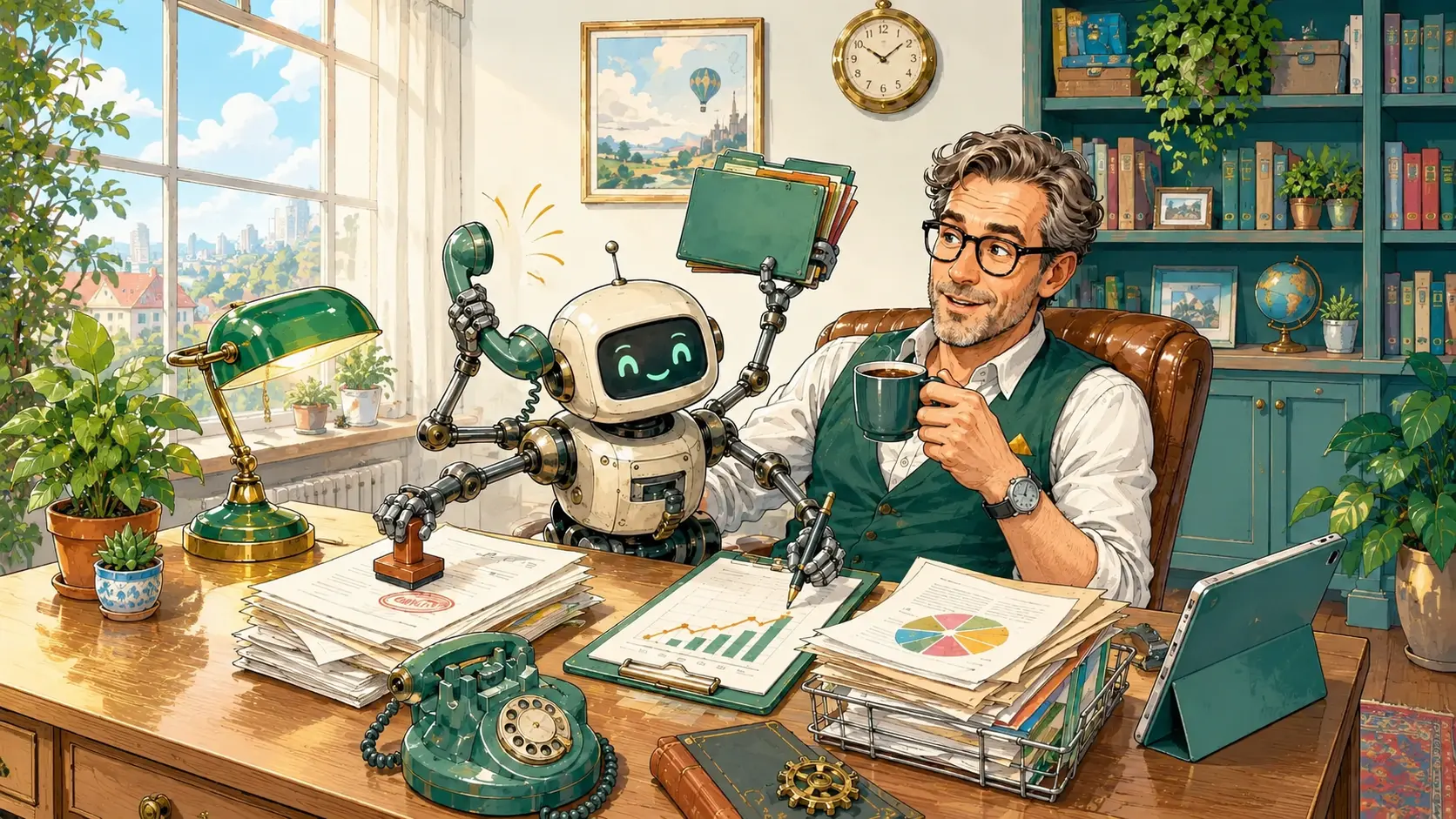 Büro-Roboter erledigt die Routinearbeit, während der Unternehmer Kaffee trinkt