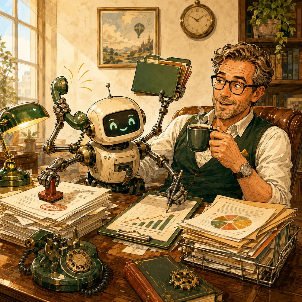 Büro-Roboter erledigt die Routinearbeit, während der Unternehmer Kaffee trinkt