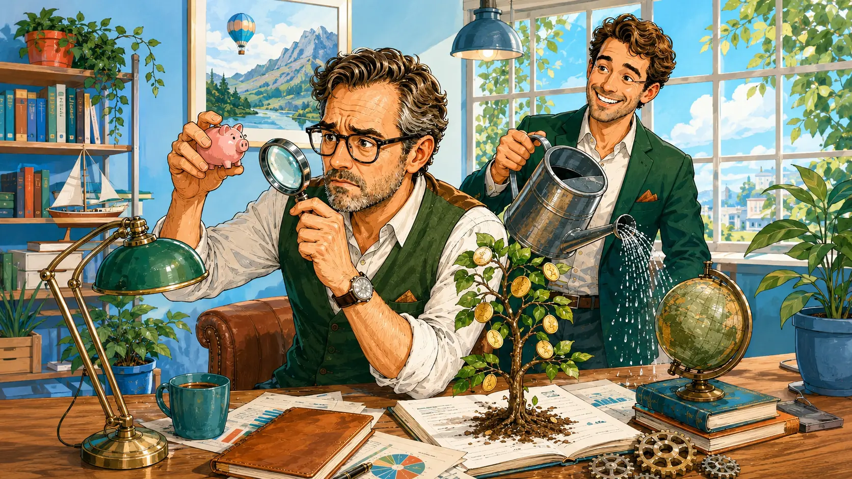 Unternehmer sucht mit Lupe nach Kapital, während ein Investor einen Geldbaum gießt