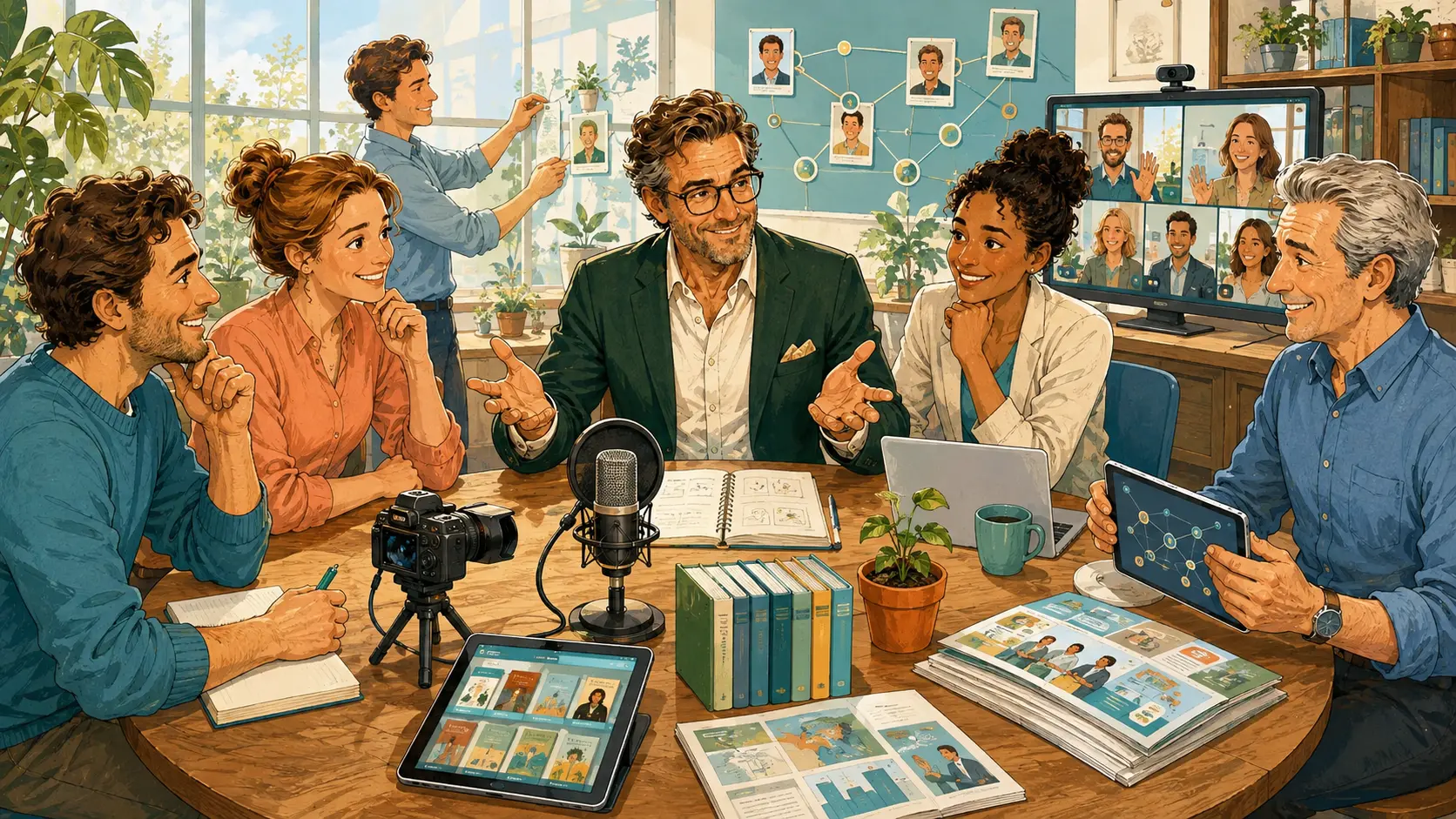 Unternehmerinnen und Unternehmer nutzen gemeinsam Beratung, Podcast, Bibliothek und Netzwerkleistungen