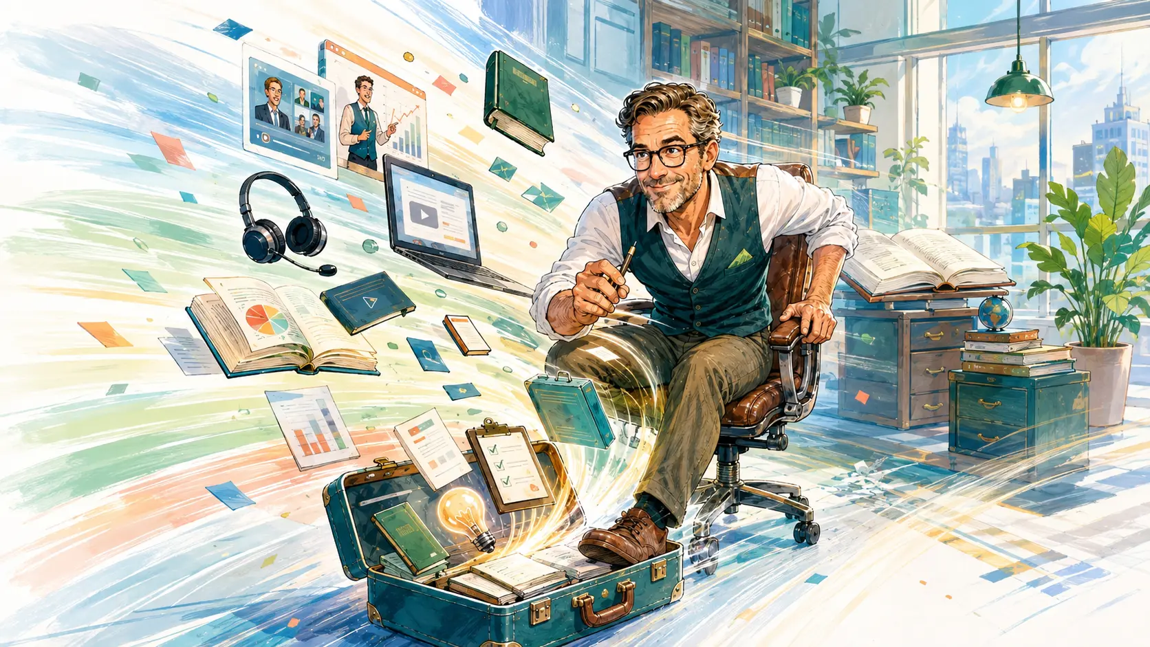 Unternehmer fährt auf einem Bürostuhl schnell durch eine Welt aus Büchern und Lernmedien