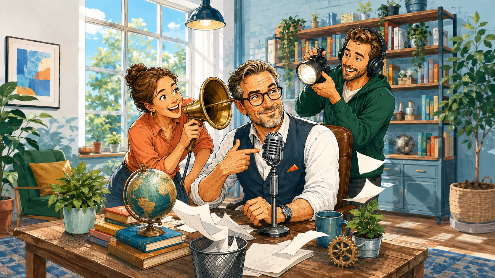 Unternehmer beim Podcast mit Mikrofon, Journalistin und Kameramann