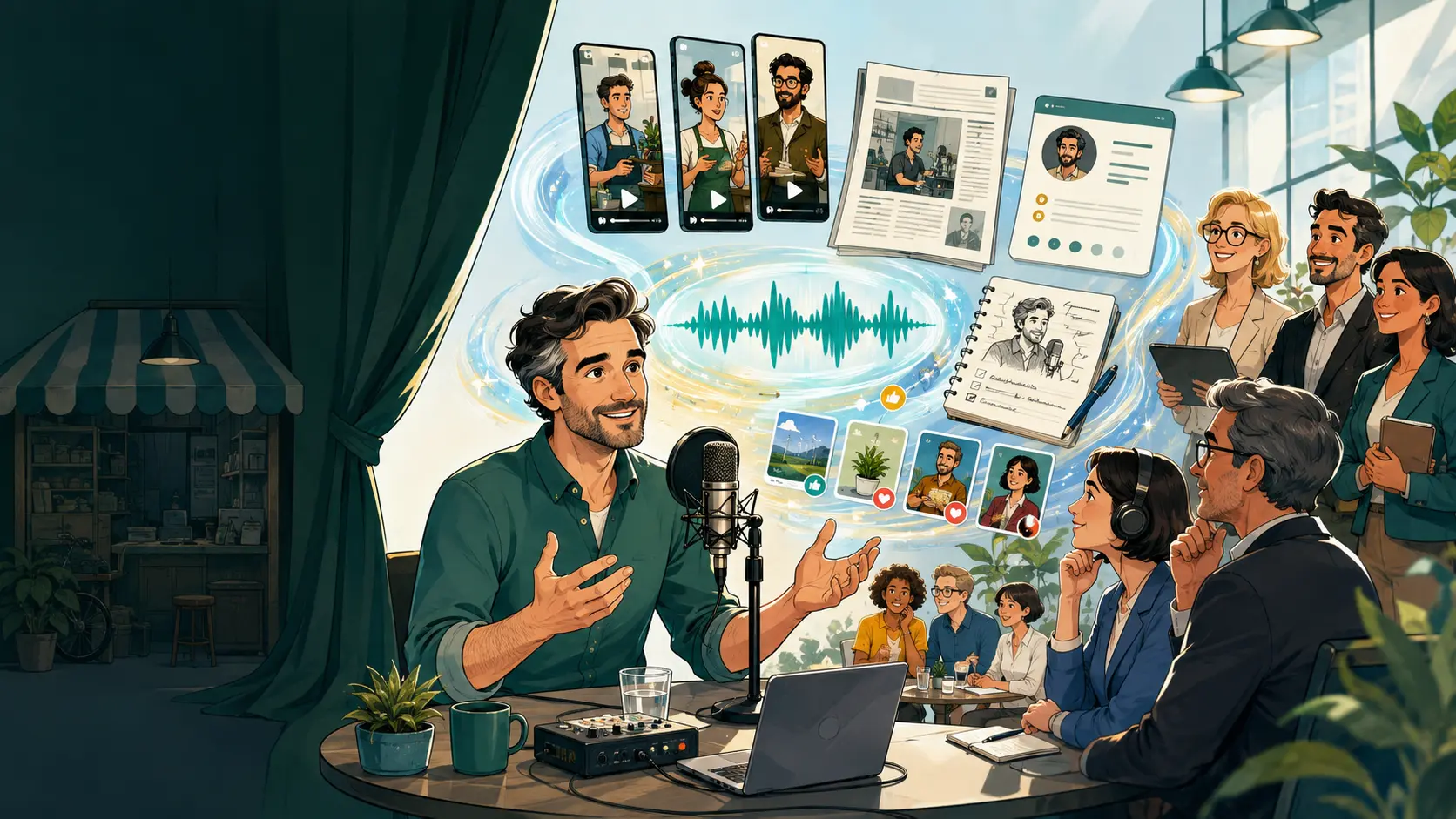 Unternehmer im Podcaststudio erreicht Entscheider, Medien und Geschäftspartner