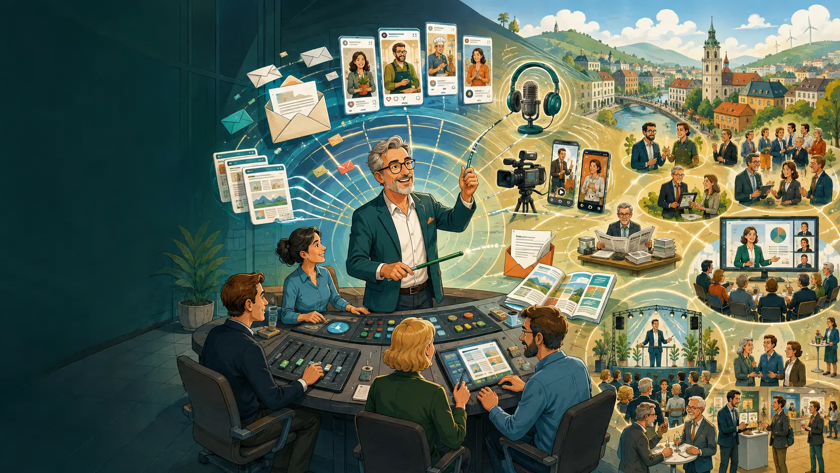 Koordiniertes Reichweitensystem aus E-Mail, Social Media, Podcast, Presse, Webinaren und persönlichem Netzwerk