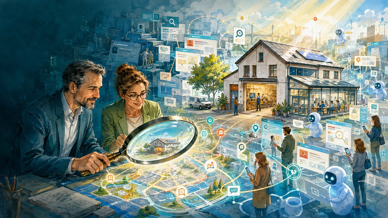 Fachleute untersuchen mit einer Lupe, wie ein mittelständisches Unternehmen von Google, KI-Systemen und Kunden gefunden wird