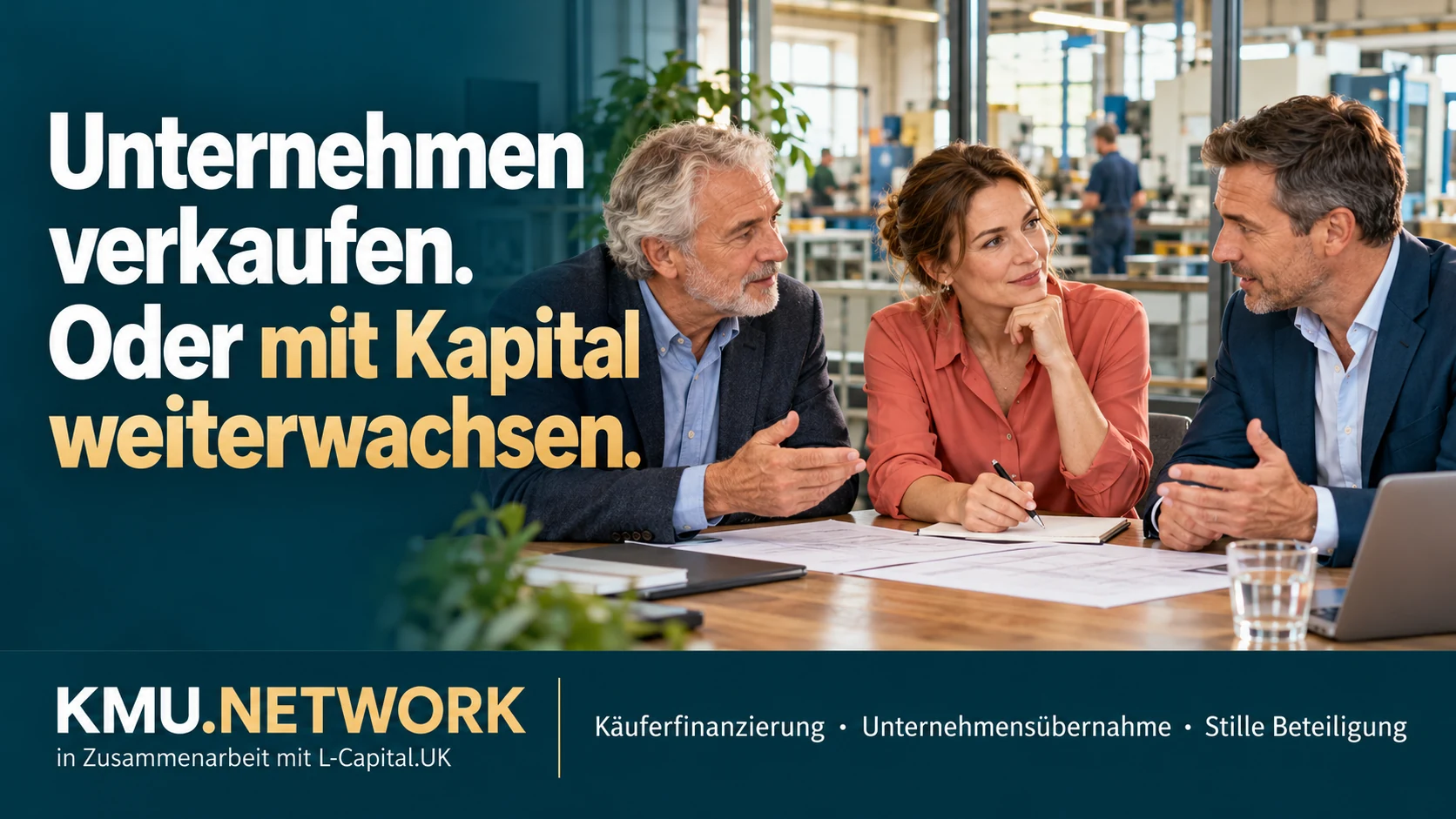 Unternehmen verkaufen. Oder mit Kapital weiterwachsen. Illustrierte Gesprächsszene eines Unternehmers, einer möglichen Nachfolgerin und eines Finanzierungsberaters in einem Betrieb.
