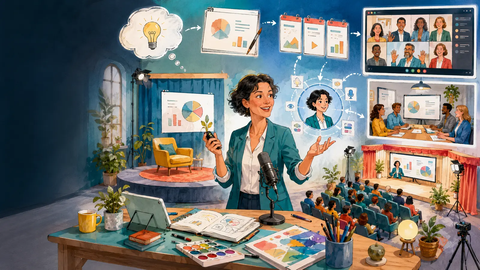 Unternehmerin entwickelt aus ihrem Fachwissen ein professionelles Webinar mit Präsentation, Avatar, Meetingraum und Publikum